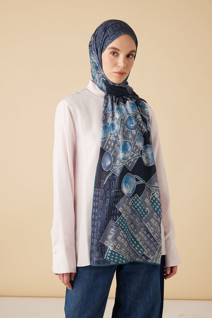 HAYAT YÜN İPEK KAŞMİR ŞAL 70*200 CM - MAVİ - Görsel 3