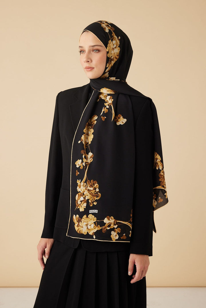 NEVA KREP İPEK ŞAL 70*190 CM - GOLD SİYAH - Görsel 3