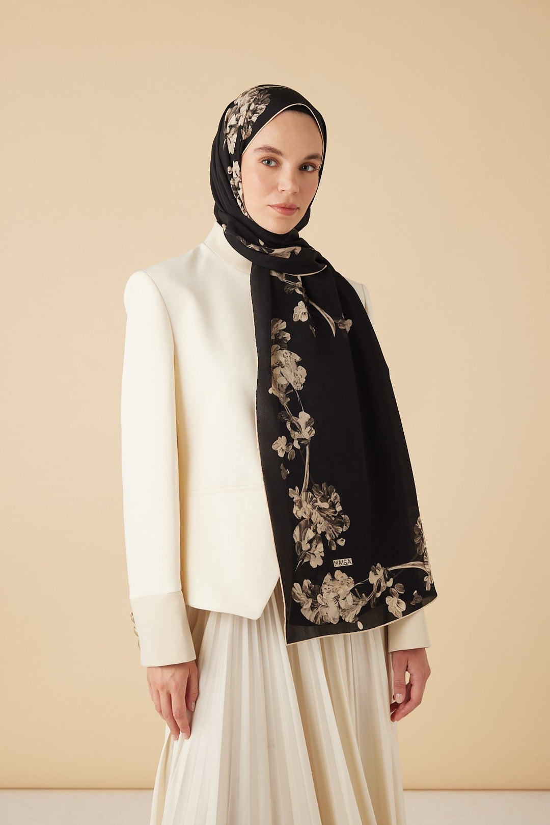 NEVA KREP İPEK ŞAL 70*190 CM - SİYAH BEJ - Görsel 3