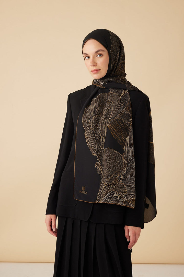 RUBA KREP İPEK ŞAL 70*190 CM - GOLD SİYAH - Görsel 1