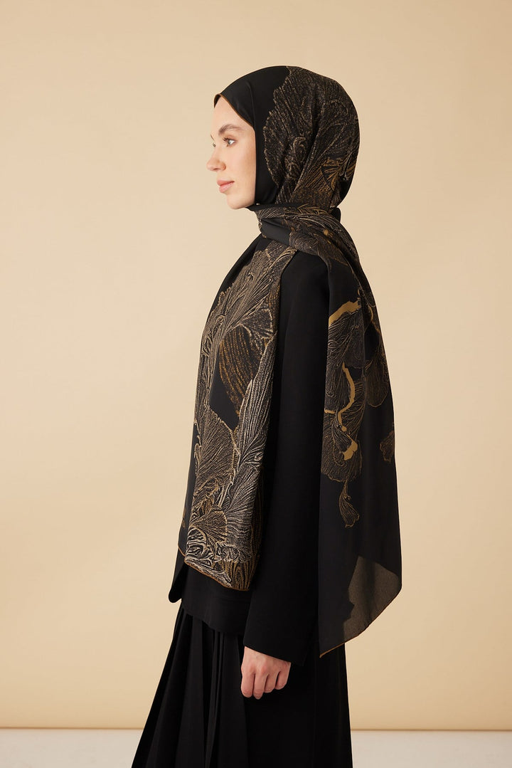 RUBA KREP İPEK ŞAL 70*190 CM - GOLD SİYAH - Görsel 4
