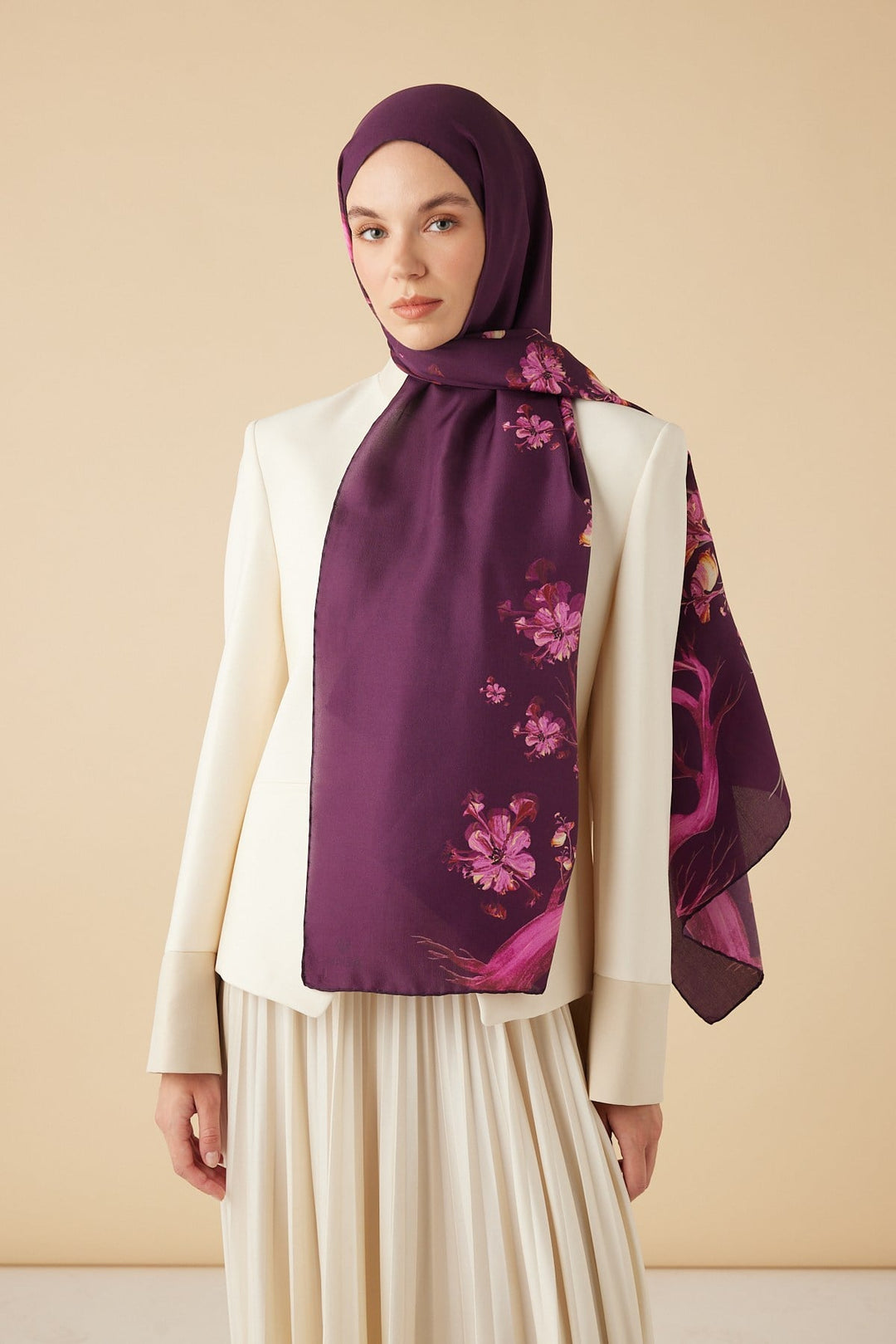 GEVHER PAMUK İPEK ŞAL 70*190 CM - MÜRDÜM - Görsel 1