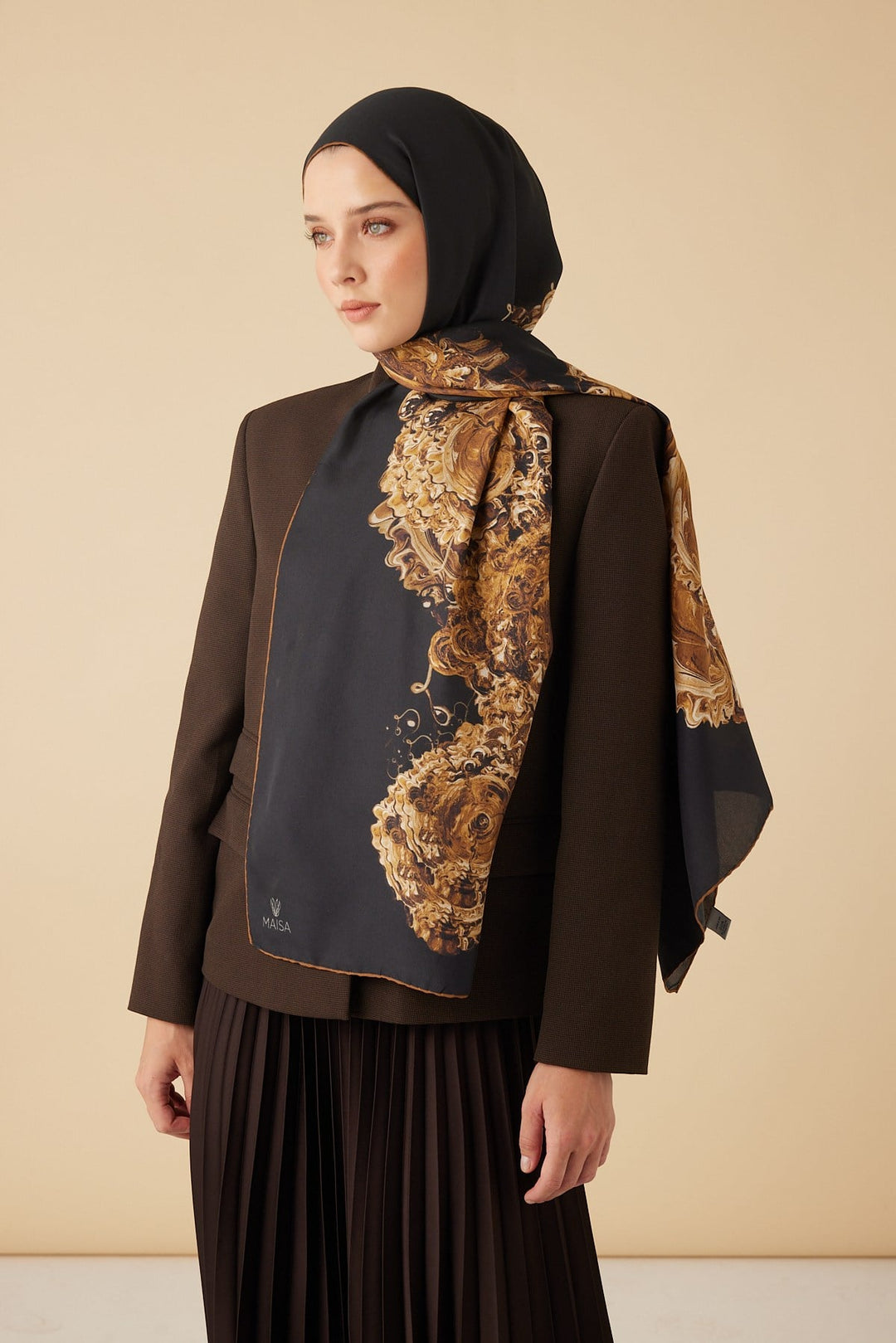 HARE PAMUK İPEK ŞAL 70*190 CM - GOLD SİYAH - Görsel 3