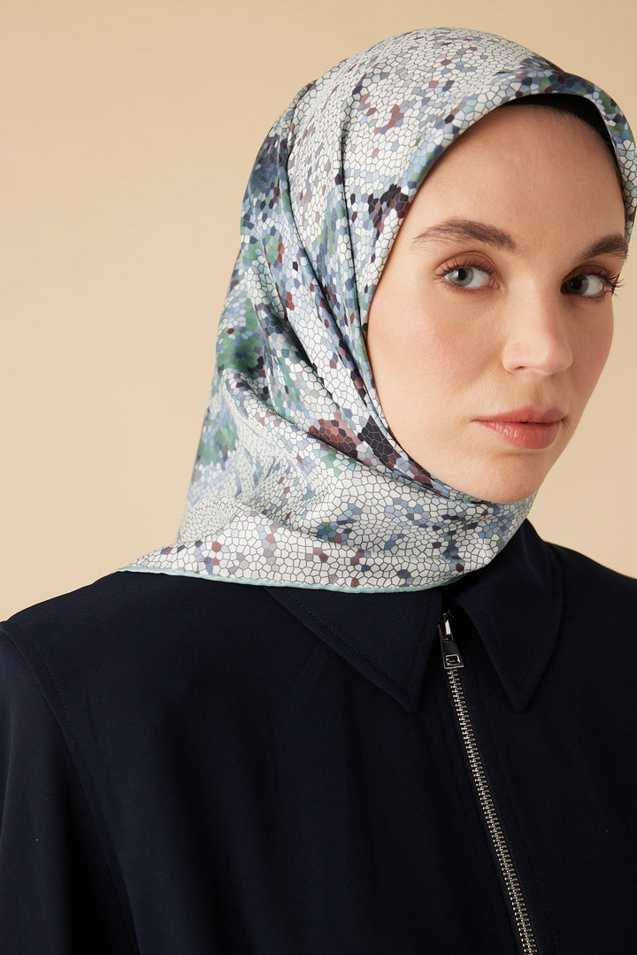SU MASALI TİVİL İPEK EŞARP 90*90 CM - AÇIK MAVİ - Görsel 1