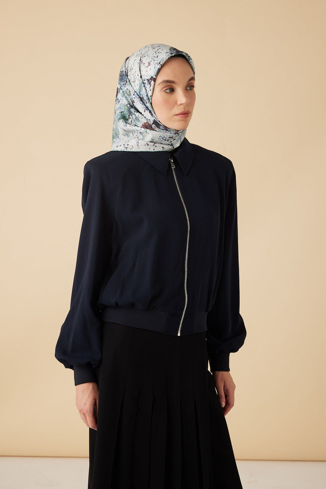 SU MASALI TİVİL İPEK EŞARP 90*90 CM - AÇIK MAVİ - Görsel 5