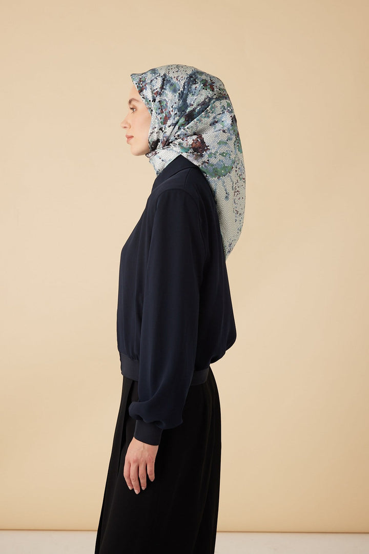 SU MASALI TİVİL İPEK EŞARP 90*90 CM - AÇIK MAVİ - Görsel 6