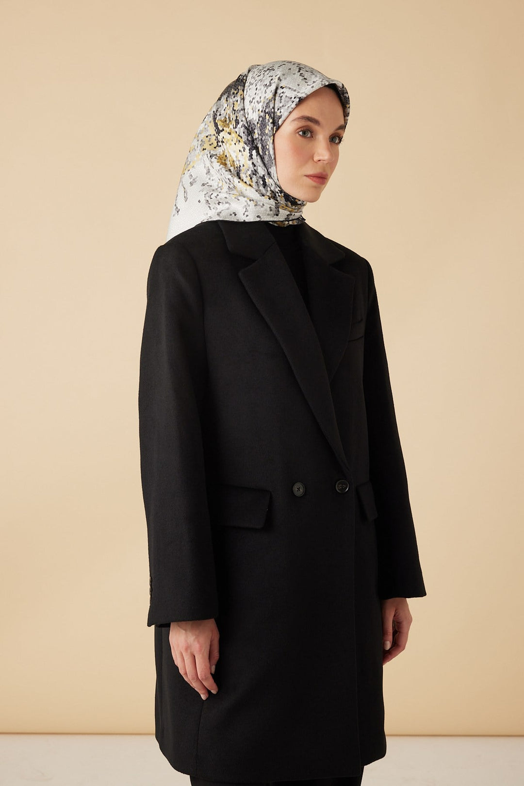 SU MASALI TİVİL İPEK EŞARP 90*90 CM - GRİ - Görsel 4