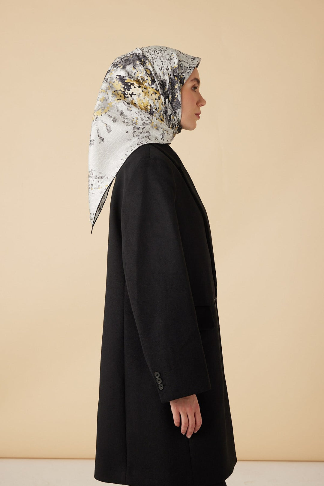 SU MASALI TİVİL İPEK EŞARP 90*90 CM - GRİ - Görsel 5