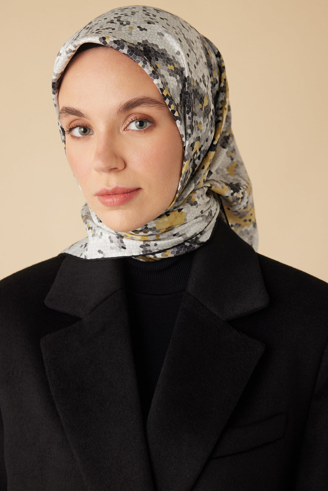 SU MASALI TİVİL İPEK EŞARP 90*90 CM - GRİ - Görsel 7