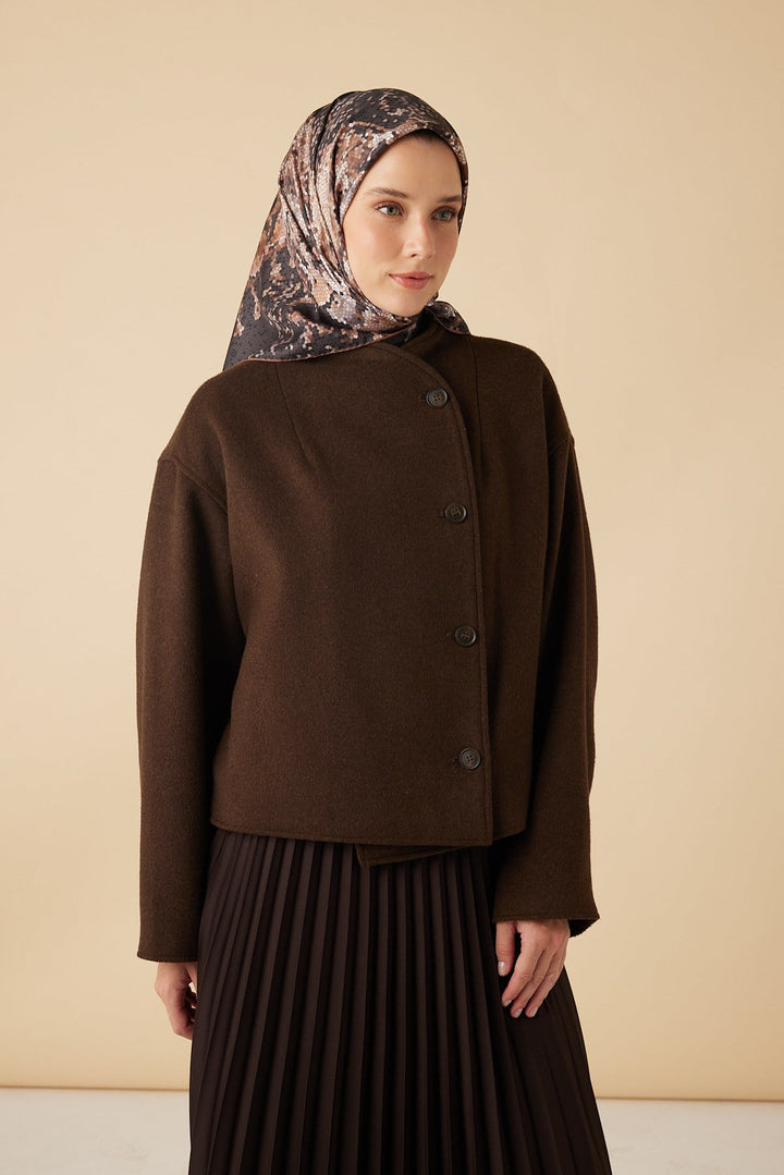 SU MASALI TİVİL İPEK EŞARP 90*90 CM - KAHVERENGİ - Görsel 2