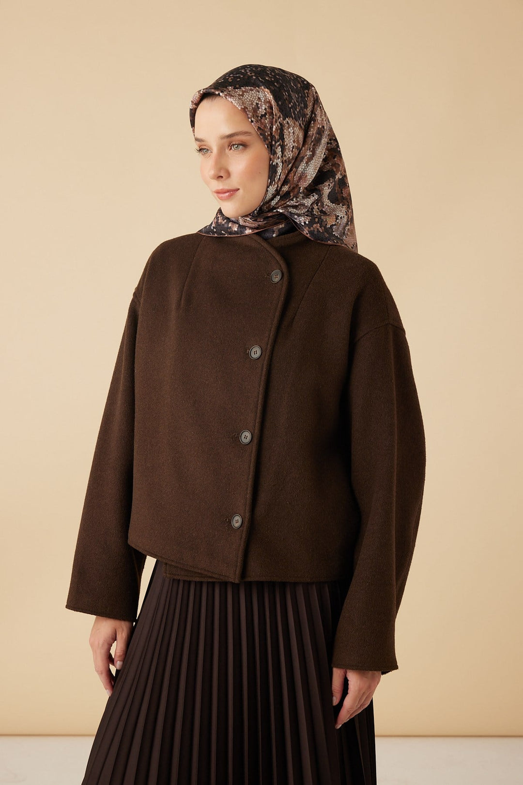 SU MASALI TİVİL İPEK EŞARP 90*90 CM - KAHVERENGİ - Görsel 3