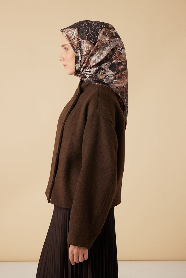 SU MASALI TİVİL İPEK EŞARP 90*90 CM - KAHVERENGİ - Görsel 4