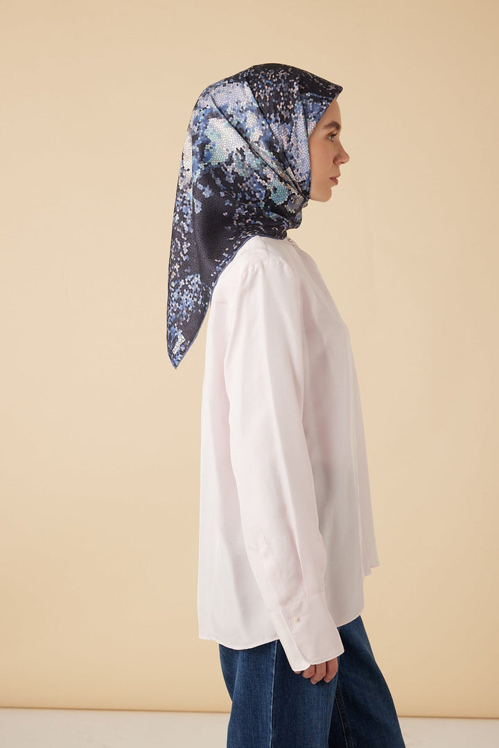 SU MASALI TİVİL İPEK EŞARP 90*90 CM - LACİVERT - Görsel 5