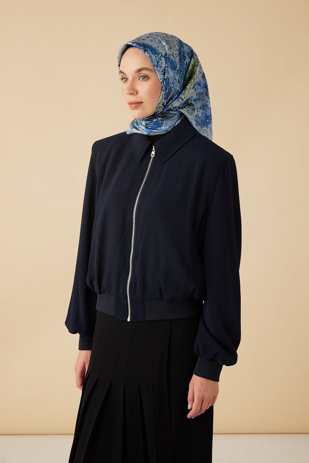 SU MASALI TİVİL İPEK EŞARP 90*90 CM - MAVİ - Görsel 2