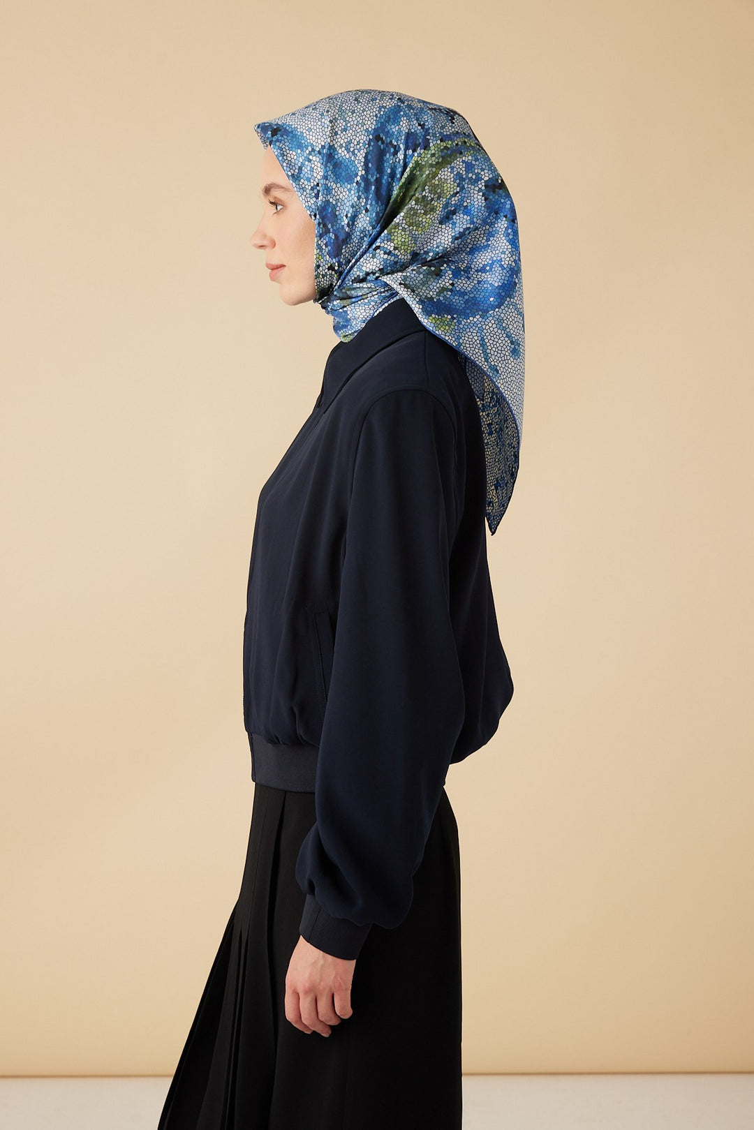 SU MASALI TİVİL İPEK EŞARP 90*90 CM - MAVİ - Görsel 3
