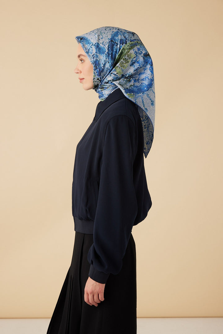 SU MASALI TİVİL İPEK EŞARP 90*90 CM - MAVİ - Görsel 3