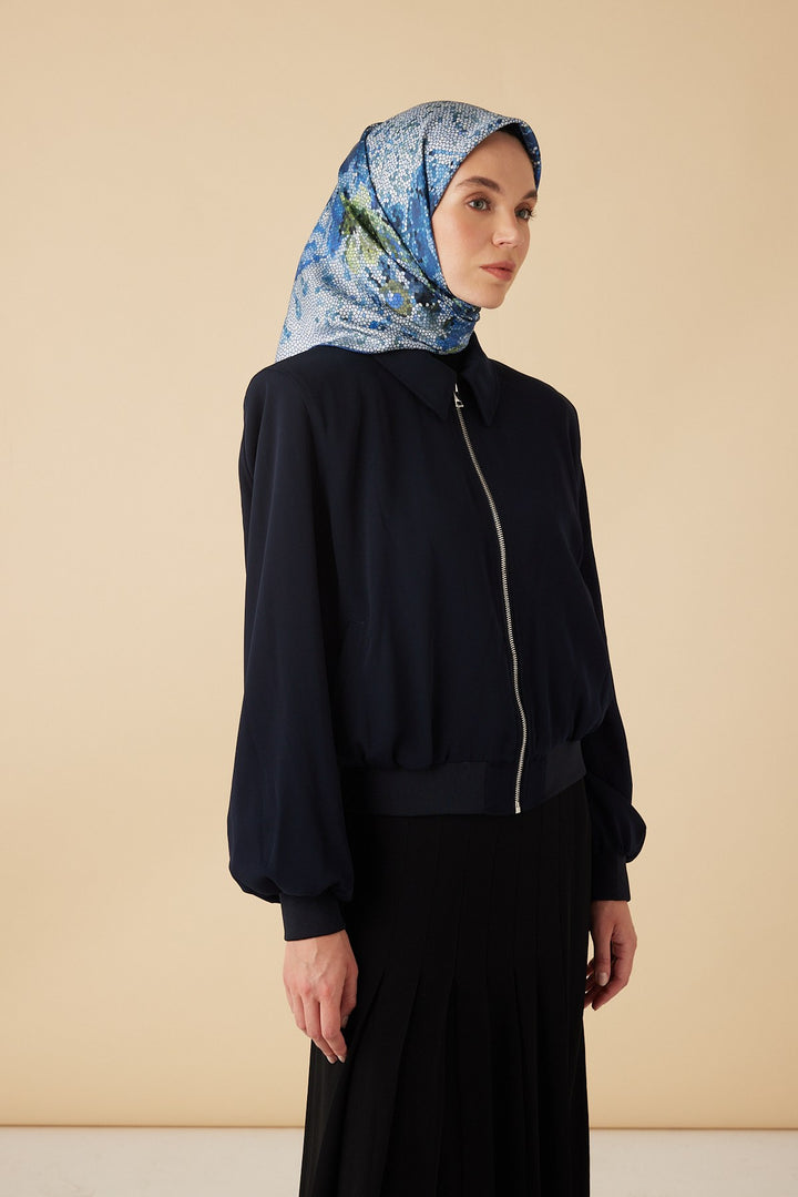 SU MASALI TİVİL İPEK EŞARP 90*90 CM - MAVİ - Görsel 4