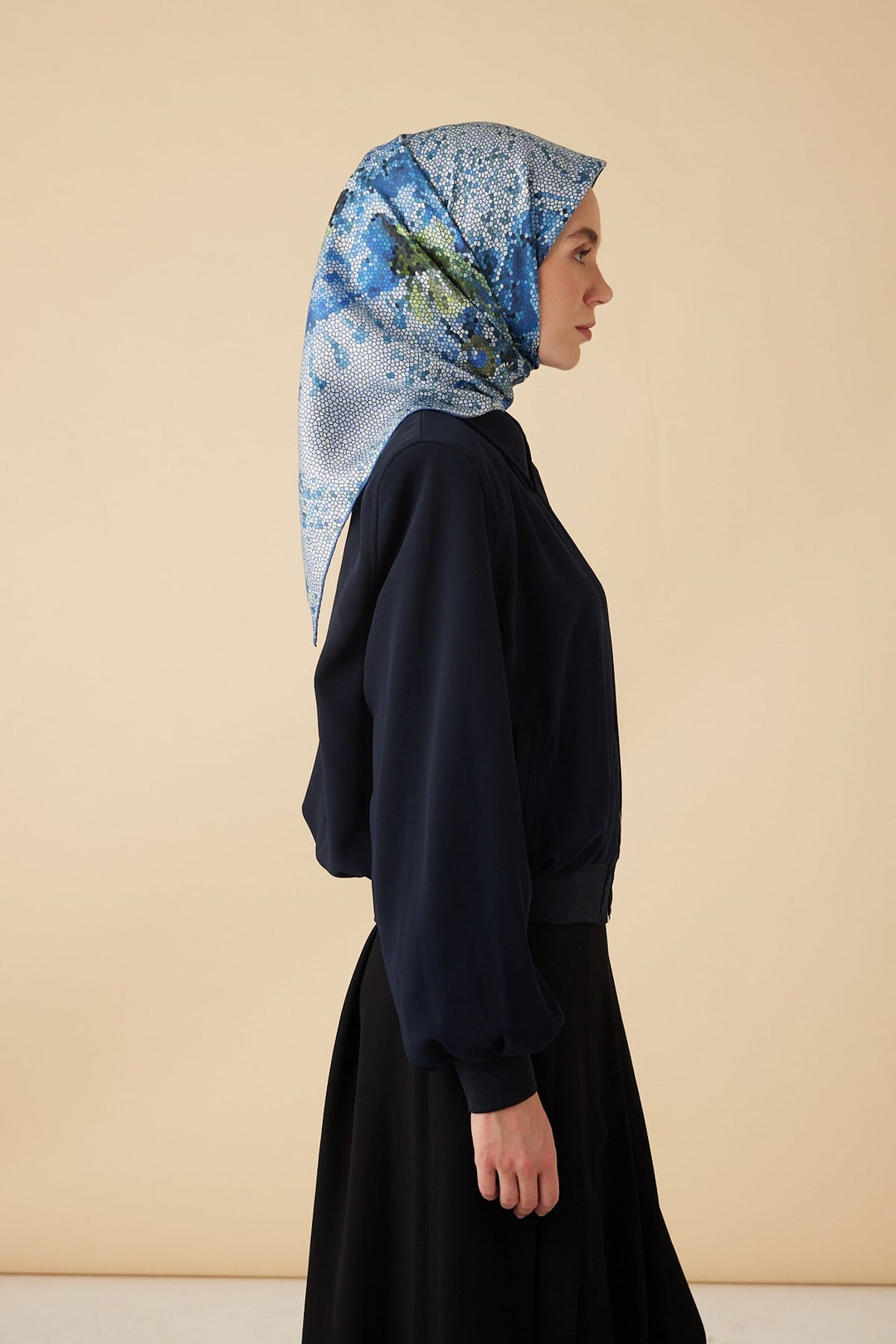 SU MASALI TİVİL İPEK EŞARP 90*90 CM - MAVİ - Görsel 5
