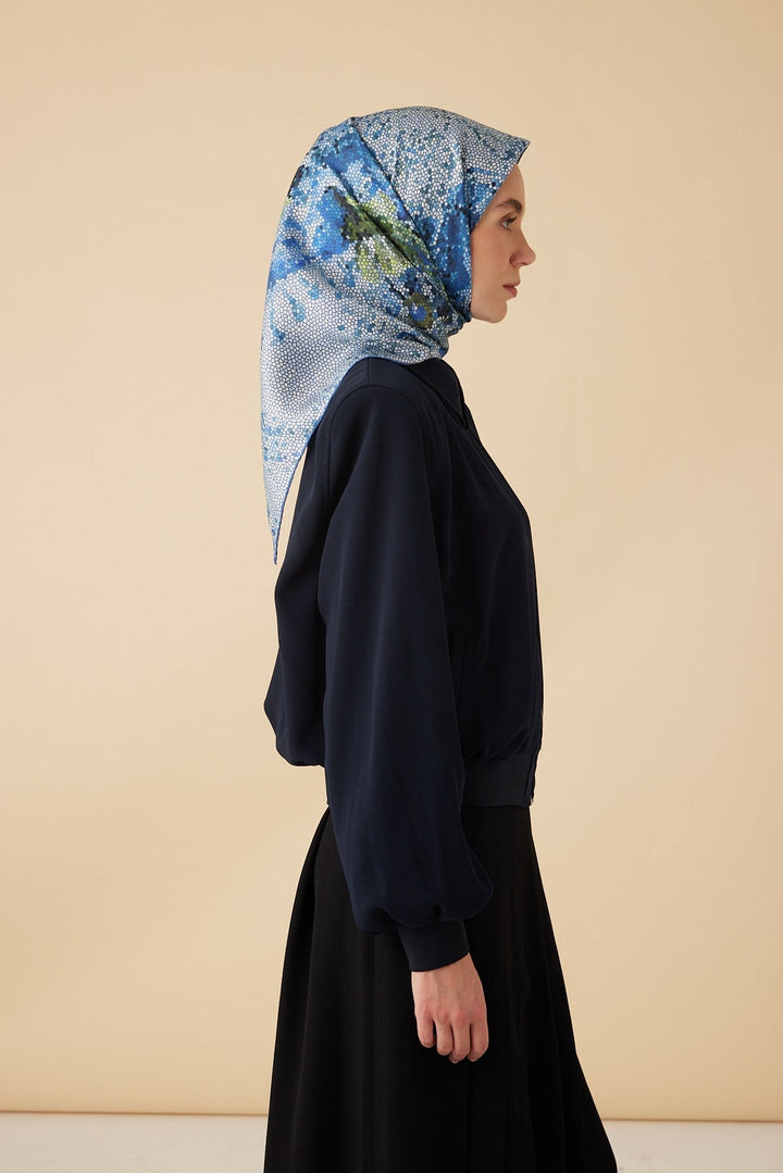 SU MASALI TİVİL İPEK EŞARP 90*90 CM - MAVİ - Görsel 5