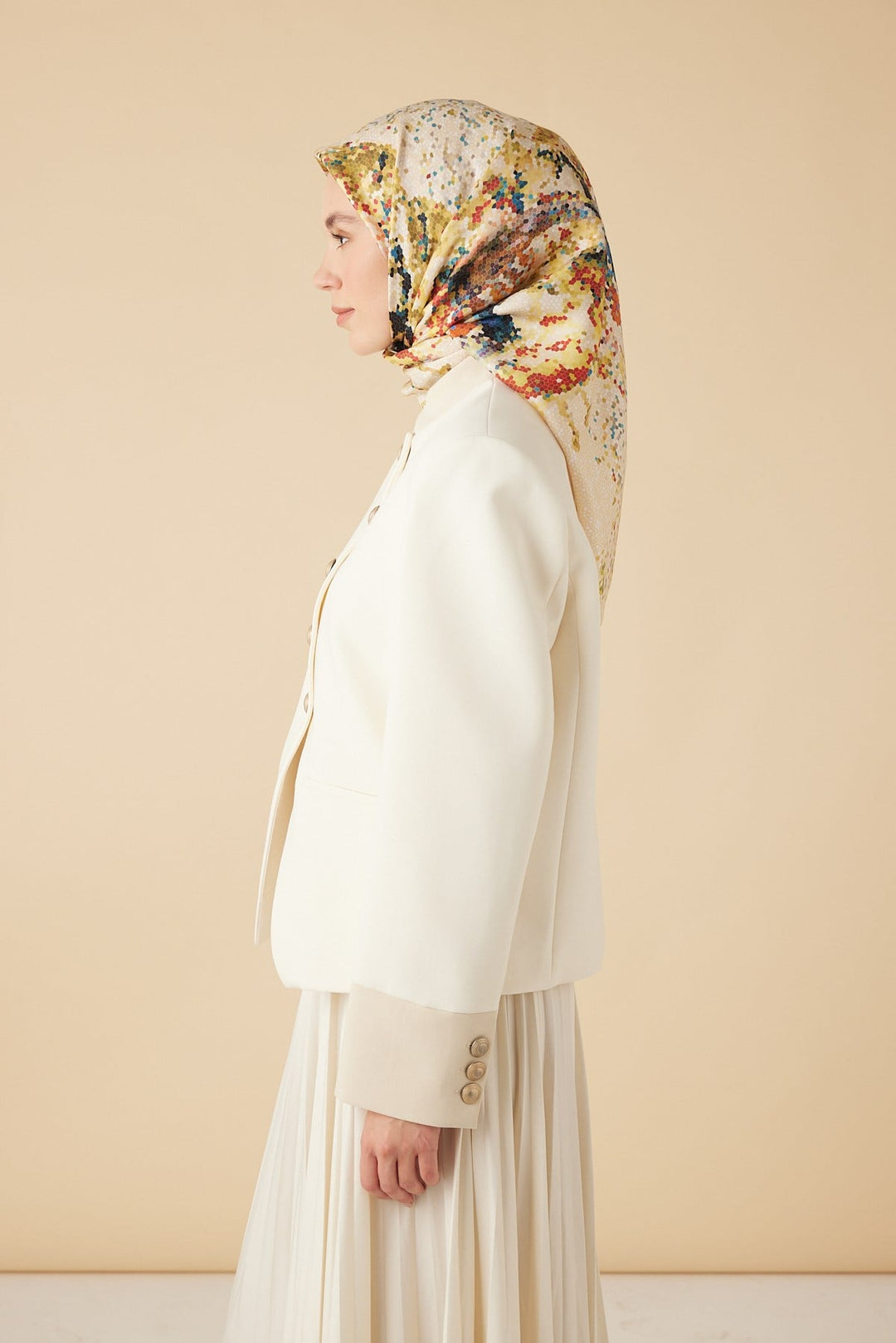 SU MASALI TİVİL İPEK EŞARP 90*90 CM - SARI - Görsel 4
