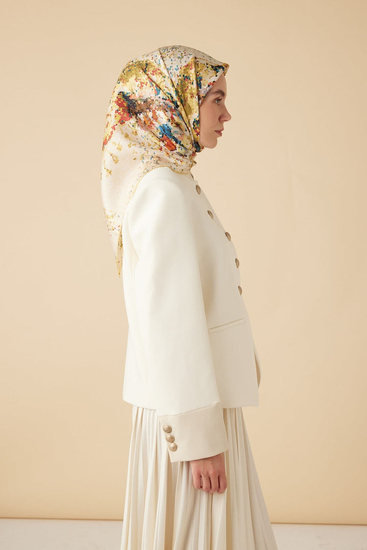 SU MASALI TİVİL İPEK EŞARP 90*90 CM - SARI - Görsel 5
