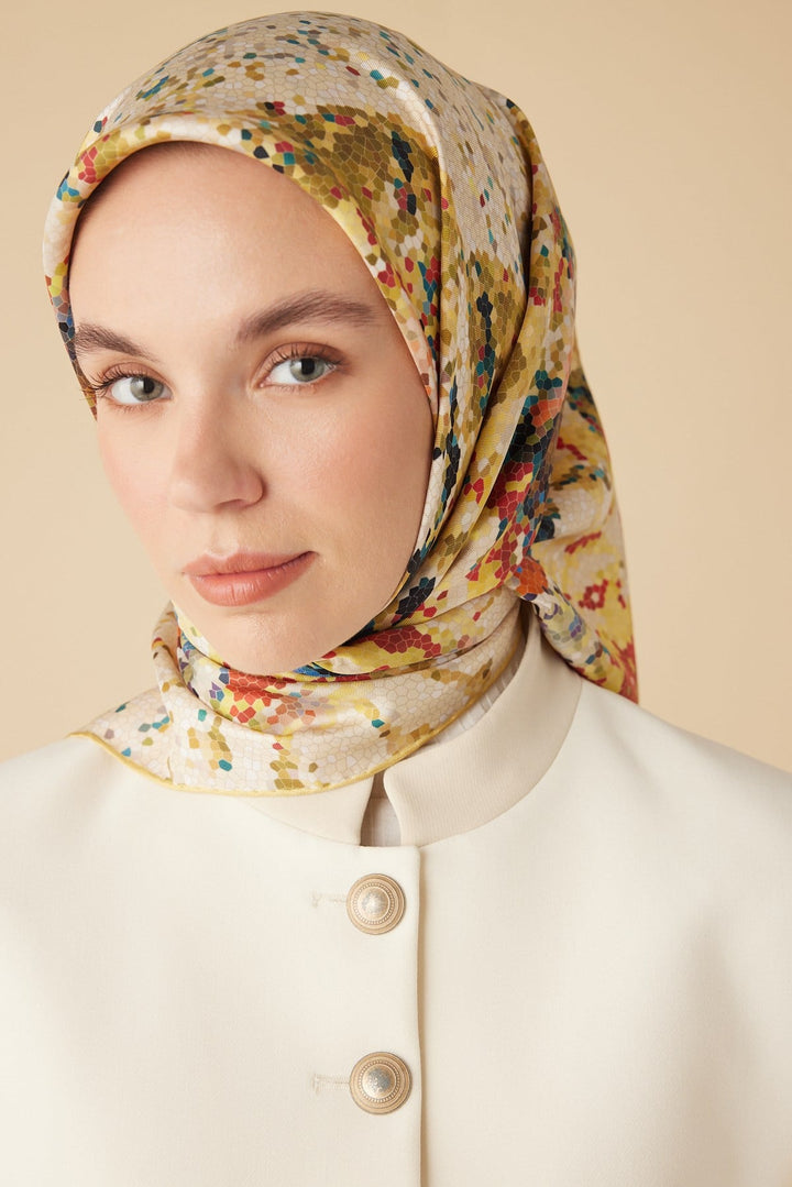 SU MASALI TİVİL İPEK EŞARP 90*90 CM - SARI - Görsel 7