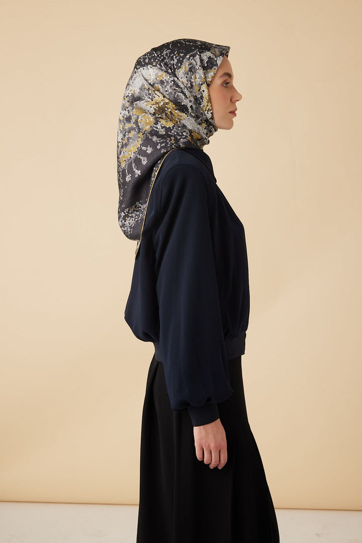 SU MASALI TİVİL İPEK EŞARP 90*90 CM - SİYAH - Görsel 4