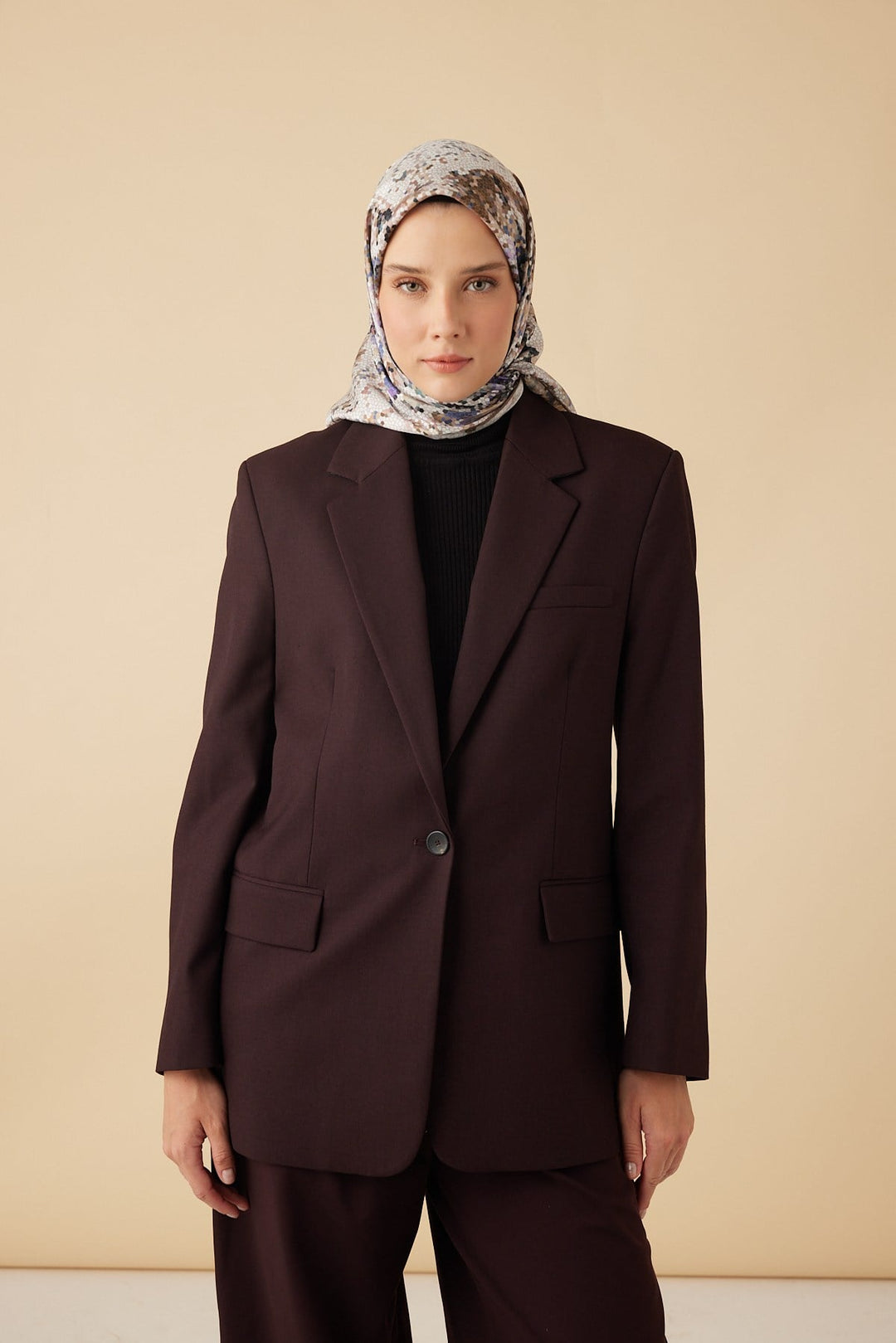 SU MASALI TİVİL İPEK EŞARP 90*90 CM - VİZON - Görsel 1