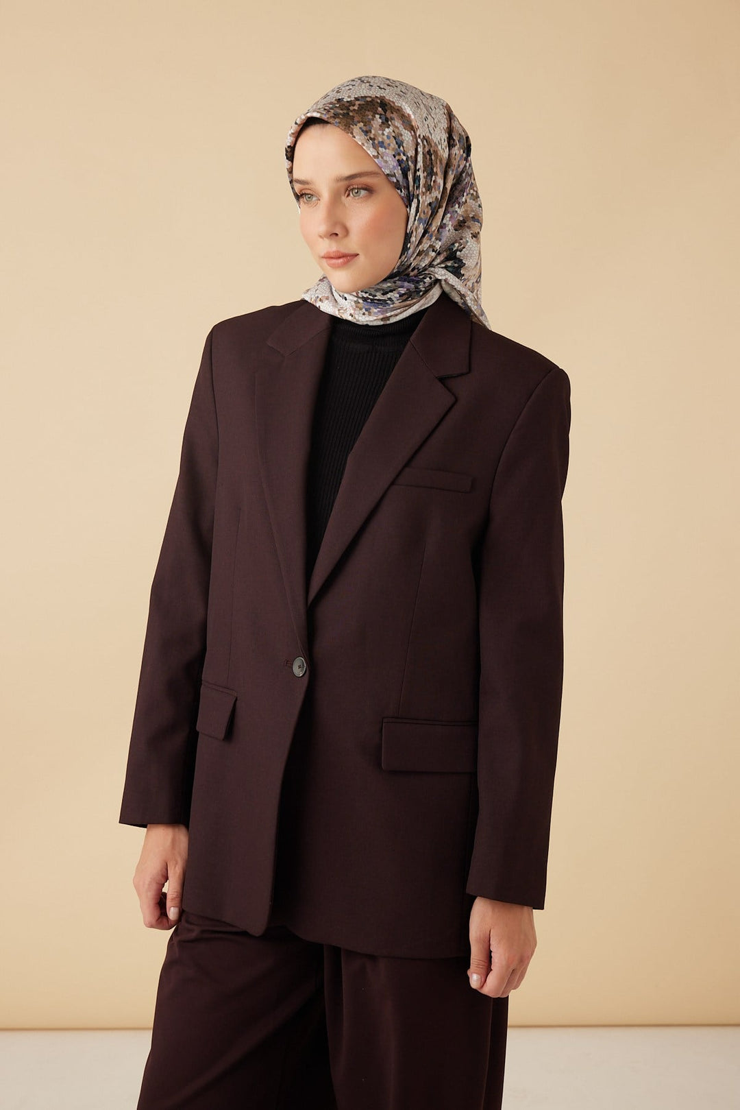 SU MASALI TİVİL İPEK EŞARP 90*90 CM - VİZON - Görsel 3
