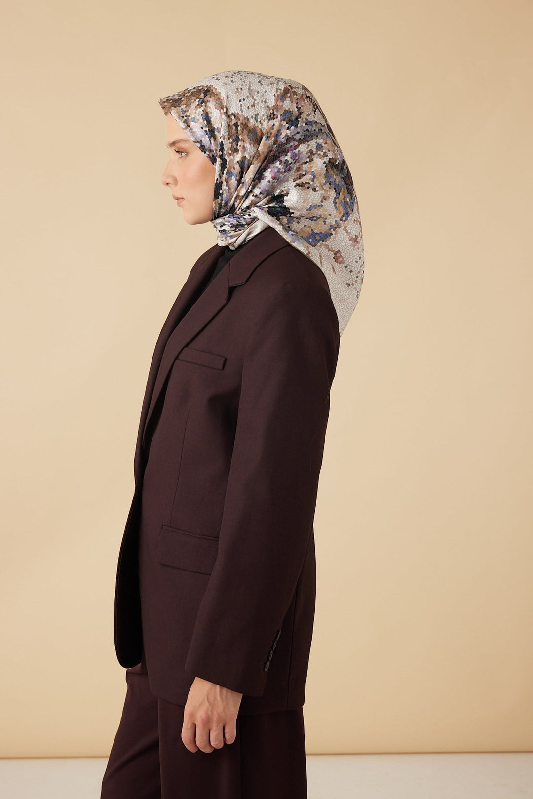 SU MASALI TİVİL İPEK EŞARP 90*90 CM - VİZON - Görsel 4