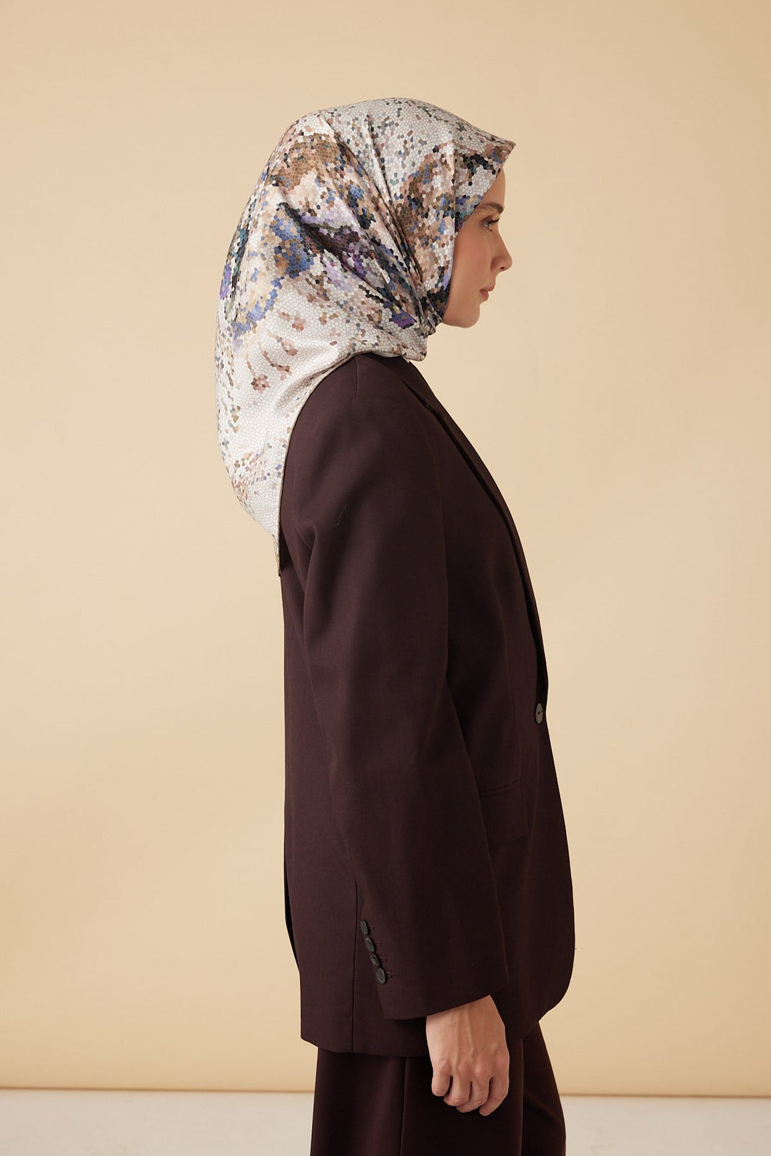 SU MASALI TİVİL İPEK EŞARP 90*90 CM - VİZON - Görsel 5