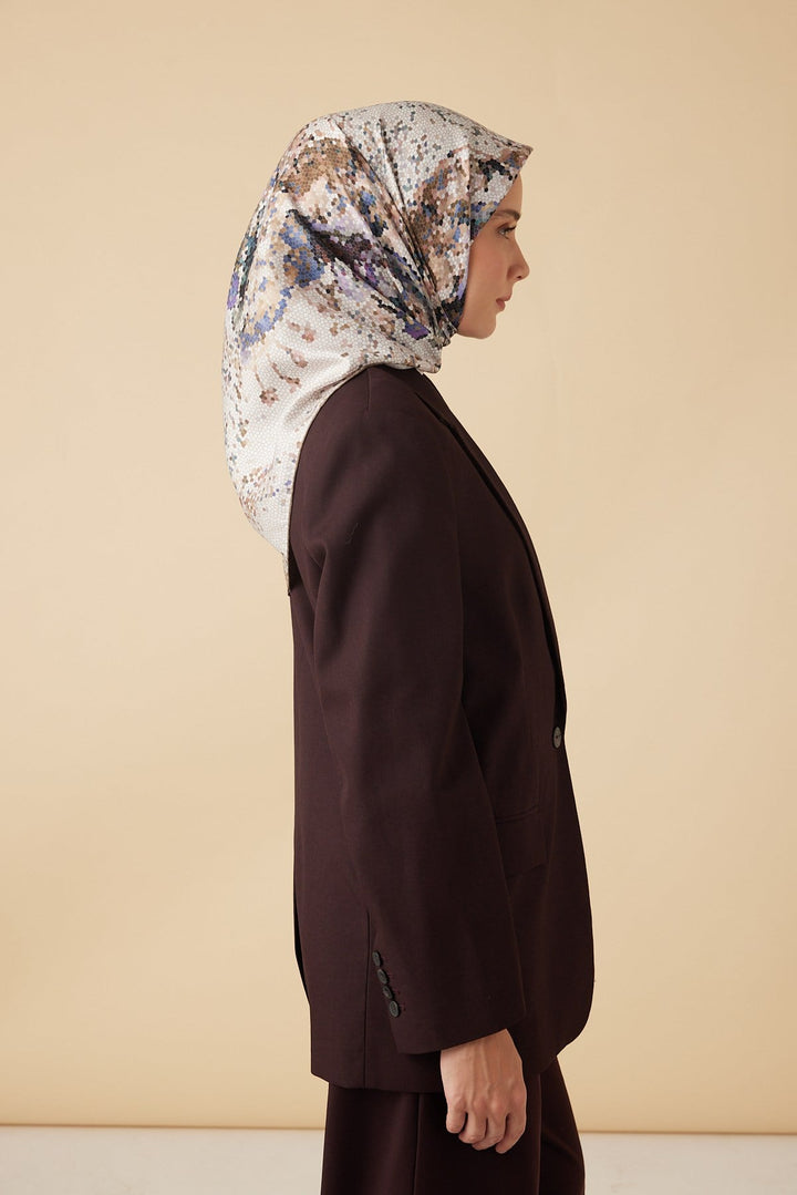 SU MASALI TİVİL İPEK EŞARP 90*90 CM - VİZON - Görsel 5
