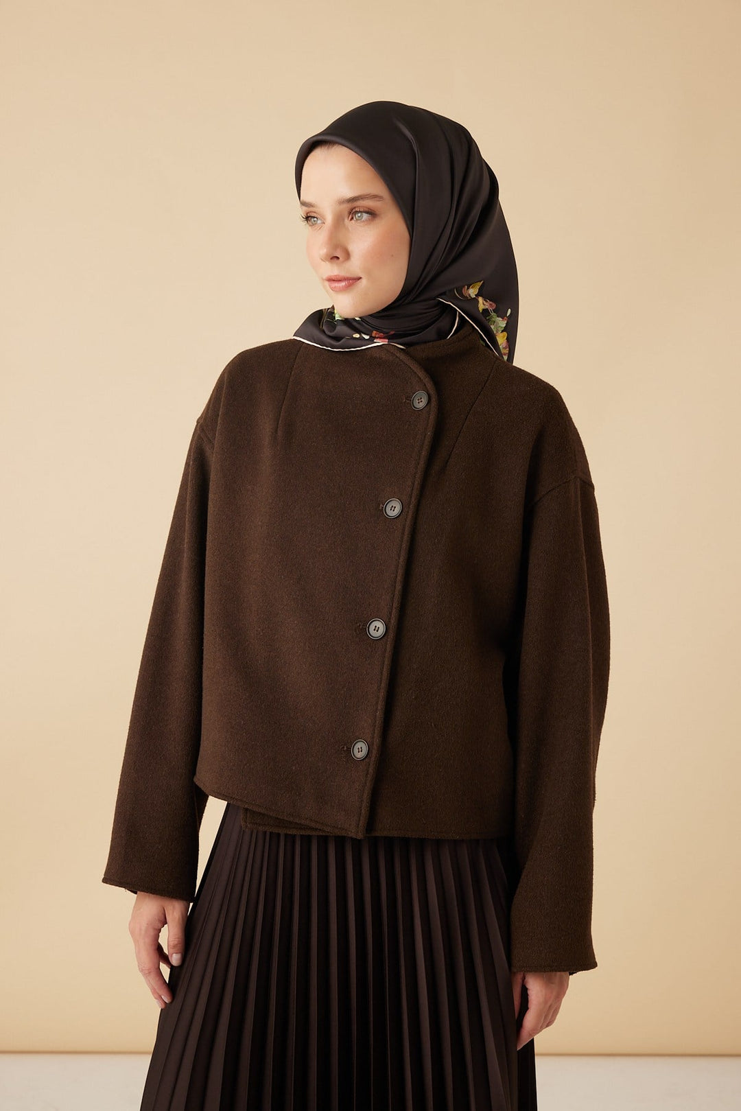 NEVA TİVİL İPEK EŞARP 90*90 CM - KAHVERENGİ - Görsel 2
