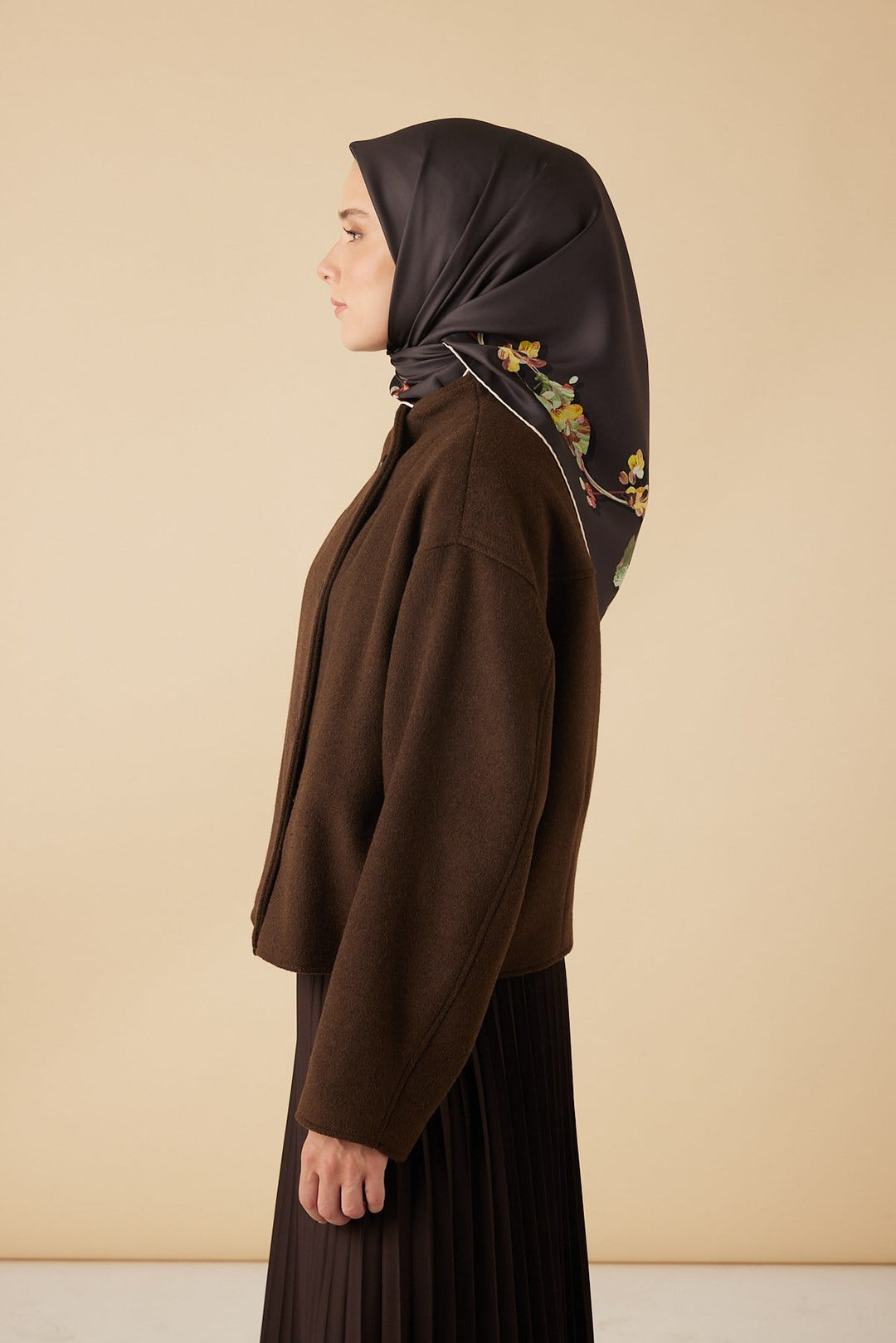 NEVA TİVİL İPEK EŞARP 90*90 CM - KAHVERENGİ - Görsel 4