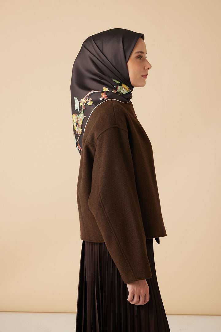 NEVA TİVİL İPEK EŞARP 90*90 CM - KAHVERENGİ - Görsel 5
