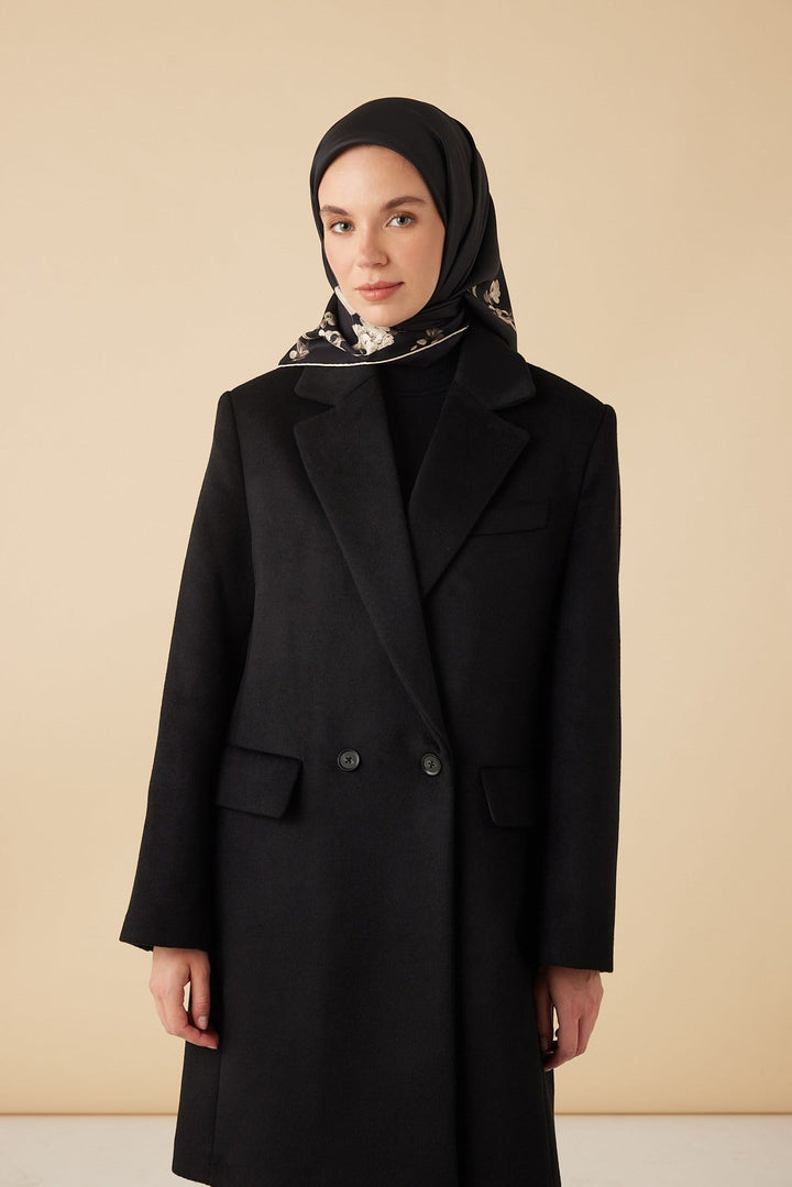 NEVA TİVİL İPEK EŞARP 90*90 CM - SİYAH BEJ - Görsel 1