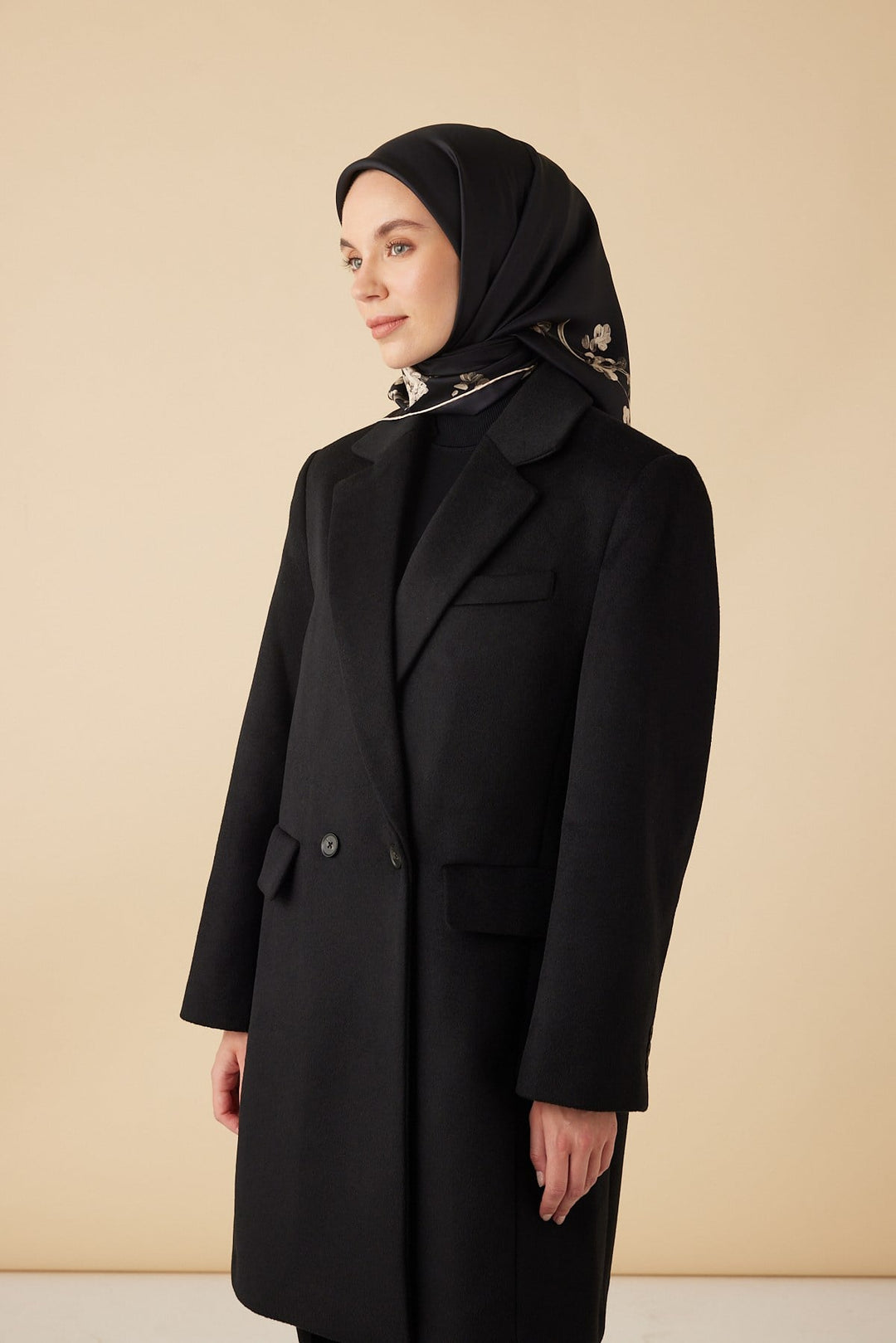 NEVA TİVİL İPEK EŞARP 90*90 CM - SİYAH BEJ - Görsel 2