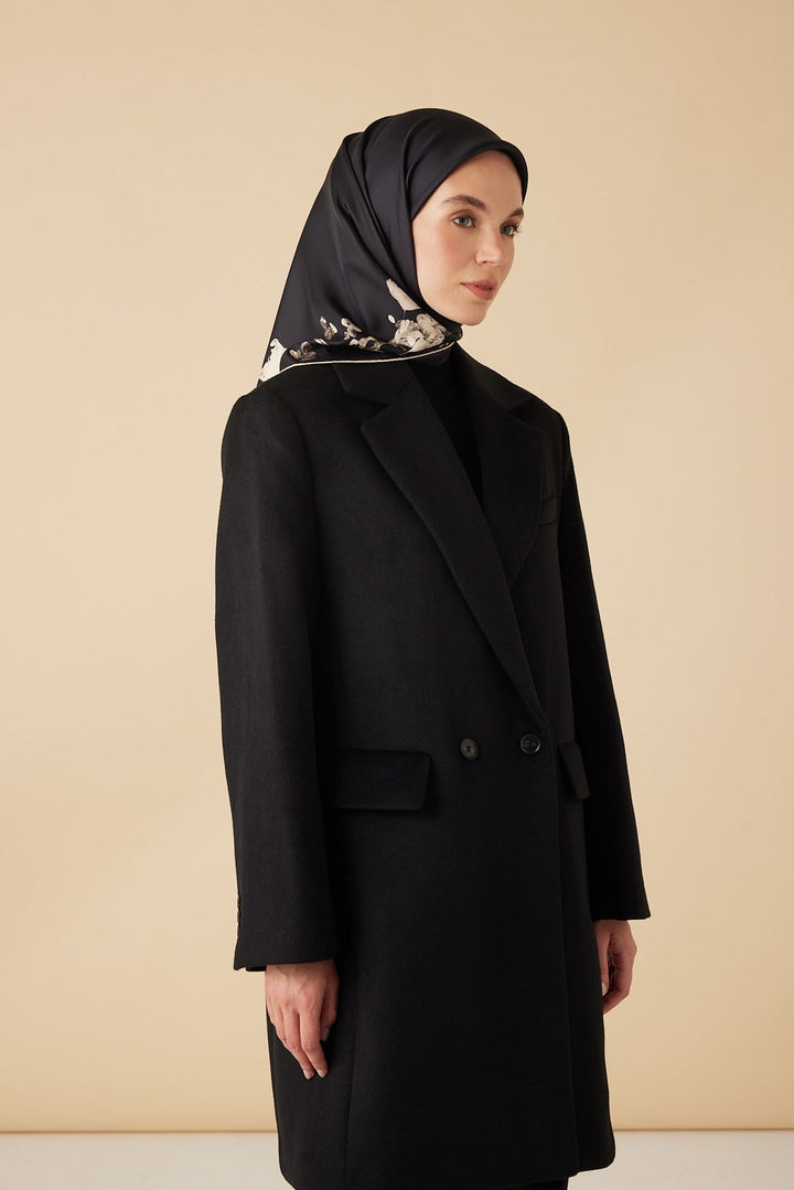 NEVA TİVİL İPEK EŞARP 90*90 CM - SİYAH BEJ - Görsel 3