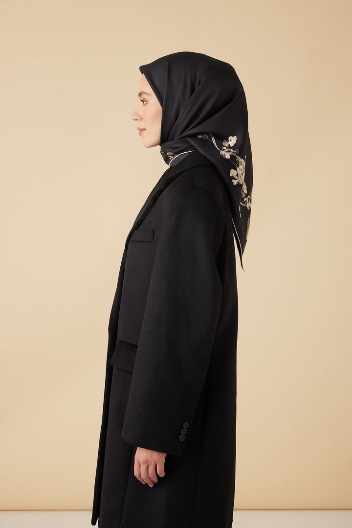 NEVA TİVİL İPEK EŞARP 90*90 CM - SİYAH BEJ - Görsel 5