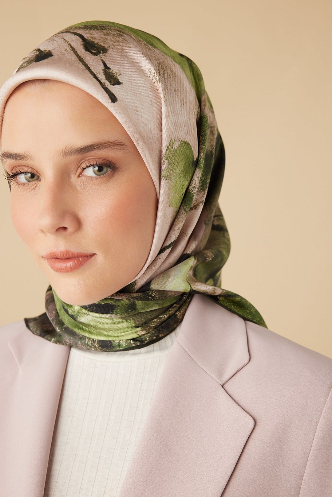GELİNCİK TİVİL İPEK EŞARP 90*90 CM - YEŞİL - Görsel 7