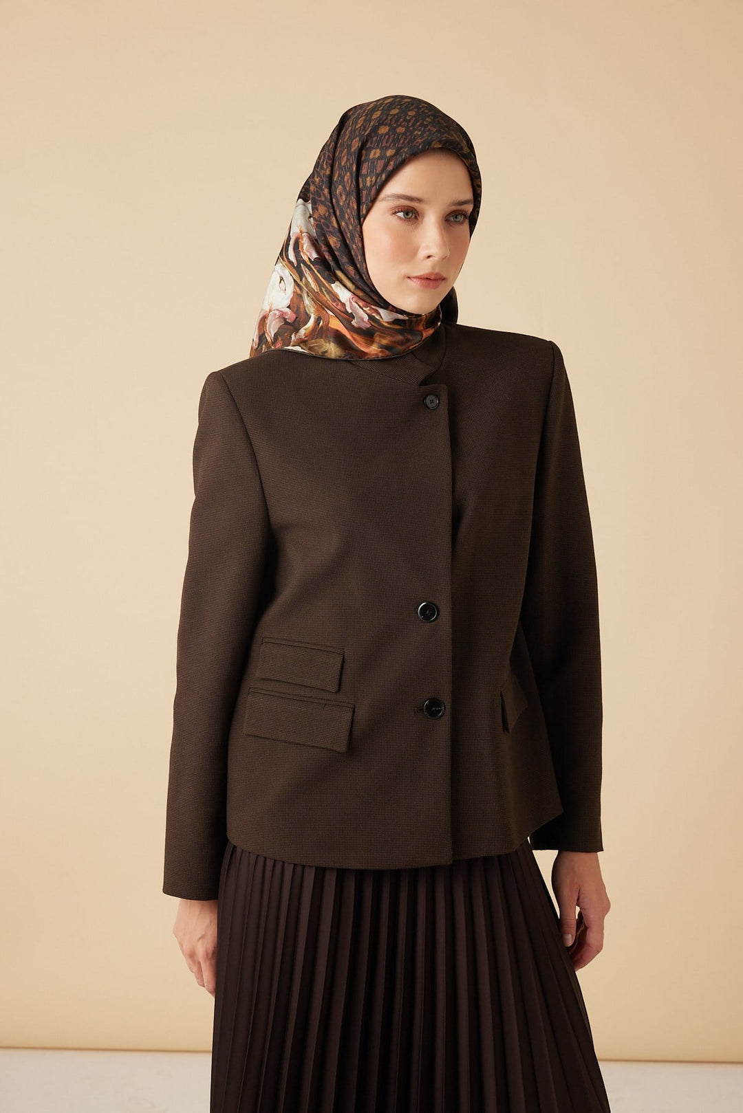 SUSEN TİVİL İPEK EŞARP 90*90 CM - KAHVERENGİ - Görsel 3