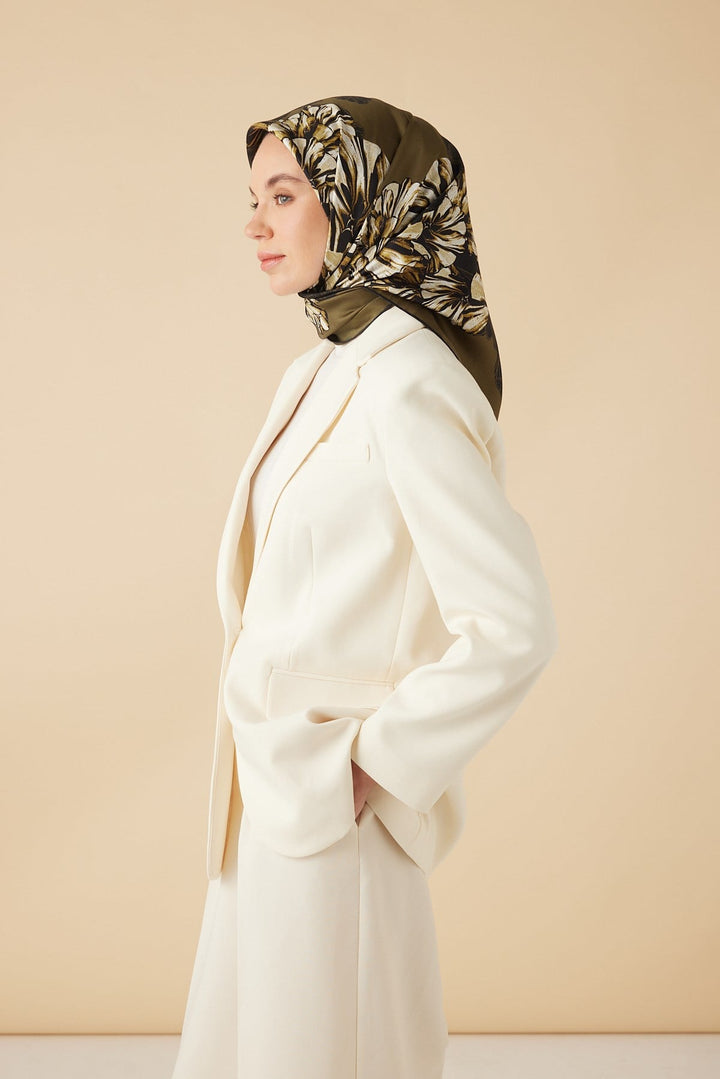 NEŞVE TİVİL İPEK EŞARP 90*90 CM - HAKİ - Görsel 3
