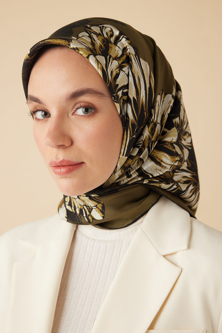 NEŞVE TİVİL İPEK EŞARP 90*90 CM - HAKİ - Görsel 7