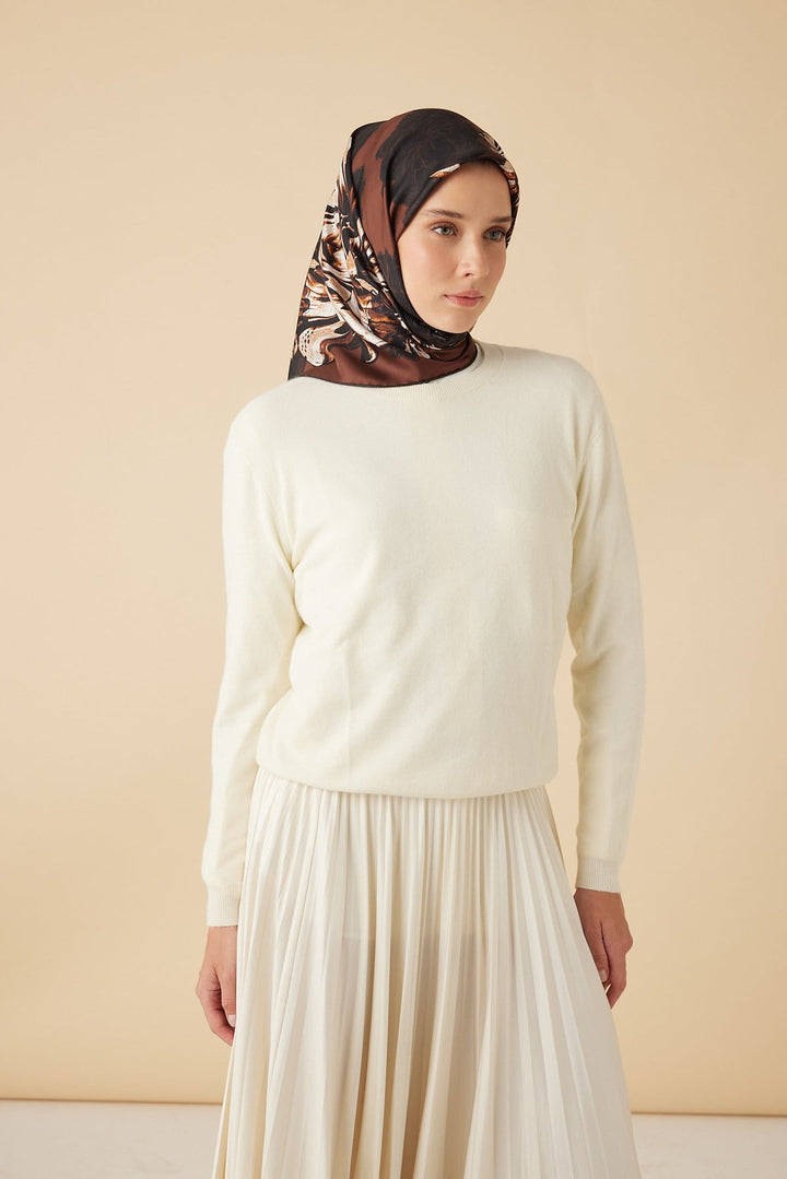 NEŞVE TİVİL İPEK EŞARP 90*90 CM - KAHVERENGİ - Görsel 2