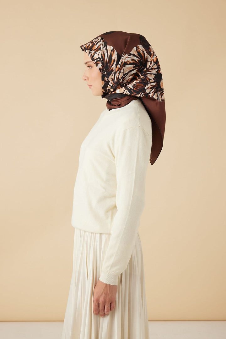 NEŞVE TİVİL İPEK EŞARP 90*90 CM - KAHVERENGİ - Görsel 4