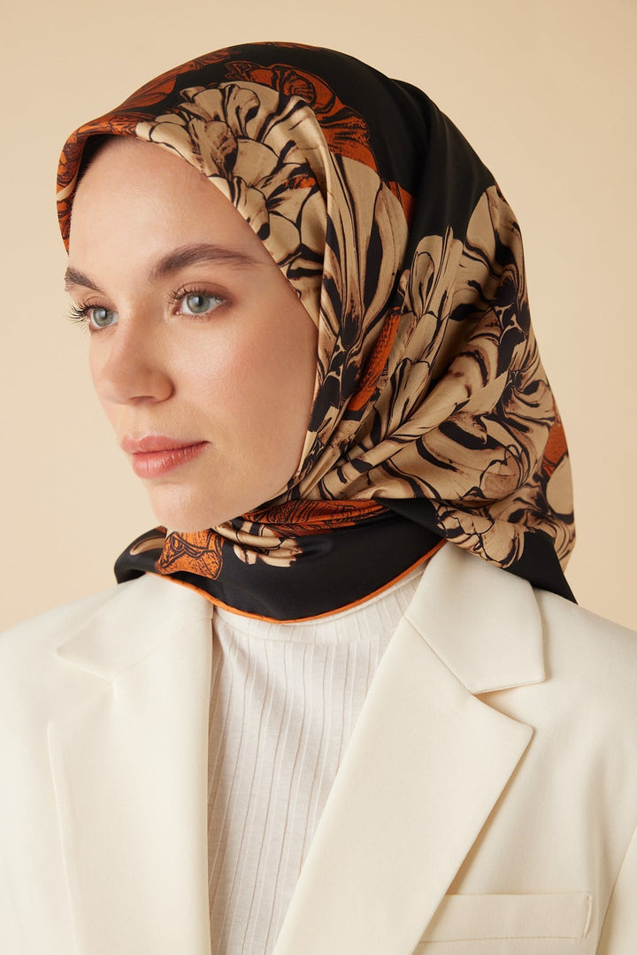 NEŞVE TİVİL İPEK EŞARP 90*90 CM - SİYAH TURUNCU - Görsel 1