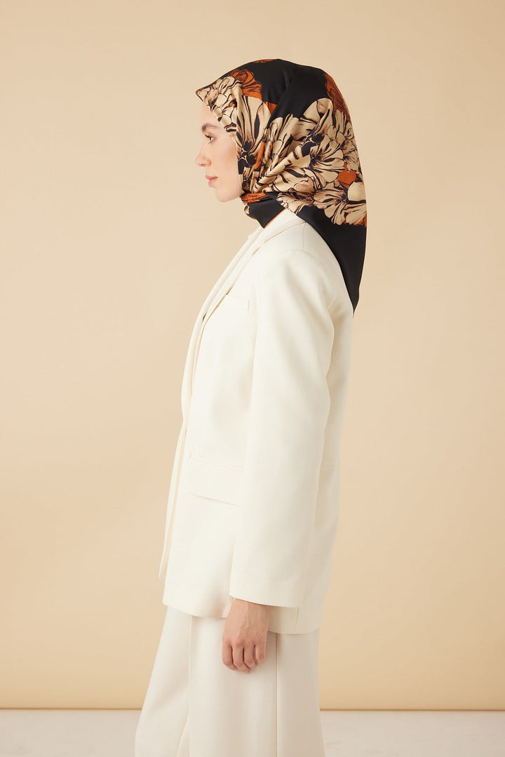 NEŞVE TİVİL İPEK EŞARP 90*90 CM - SİYAH TURUNCU - Görsel 5