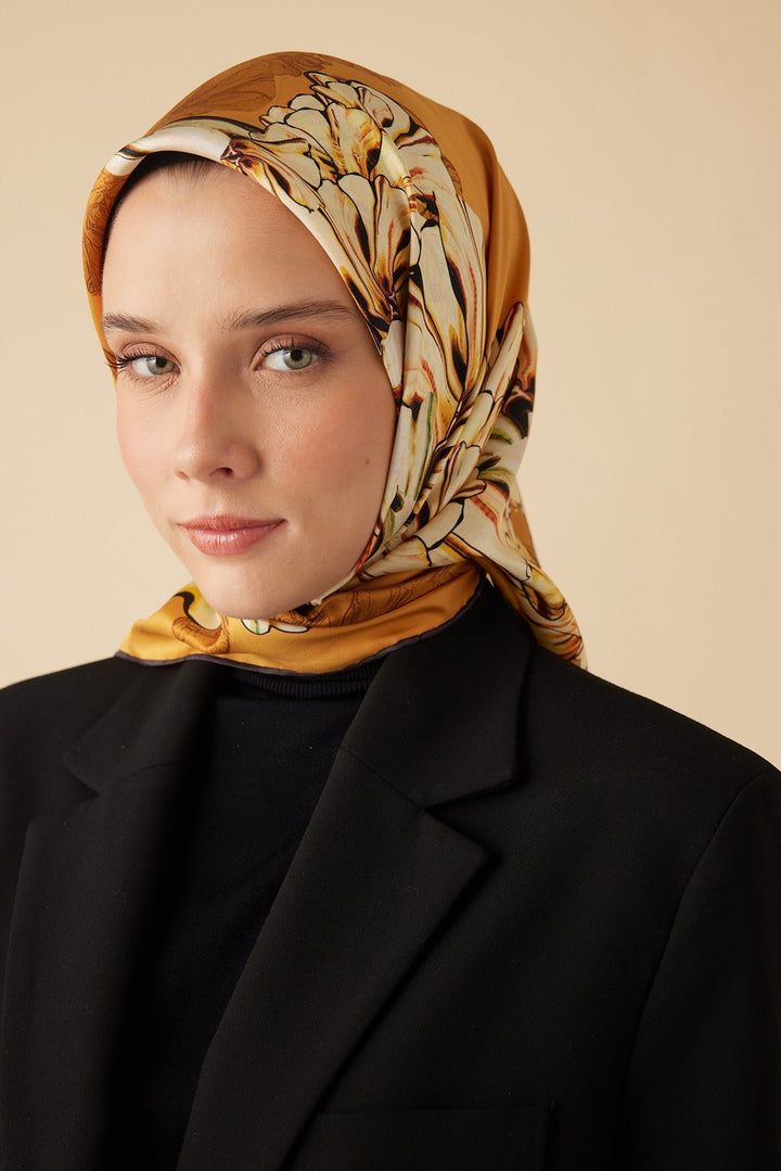NEŞVE TİVİL İPEK EŞARP 90*90 CM - HARDAL - Görsel 7