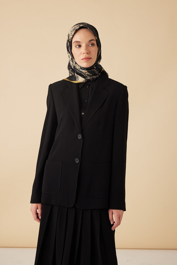 CEVLAN MULBERRY İPEK EŞARP 90*90 CM - GOLD SİYAH - Görsel 1
