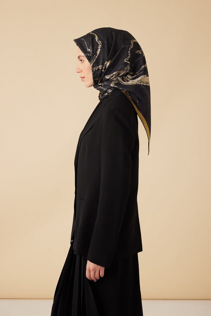 CEVLAN MULBERRY İPEK EŞARP 90*90 CM - GOLD SİYAH - Görsel 3